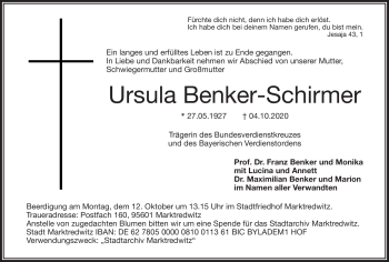 Traueranzeige von Ursula Benker-Schrimer von Frankenpost