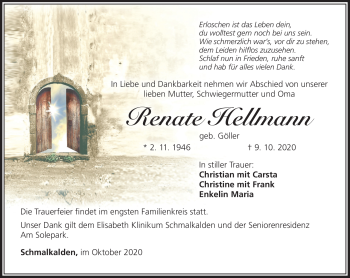 Traueranzeige von Renate Hellmann von Südthüringer Presse