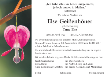Traueranzeige von Else Geißenhöner von Südthüringer Presse