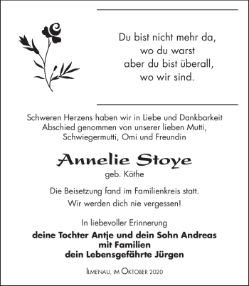 Traueranzeige von Annelie Stoye von Südthüringer Presse