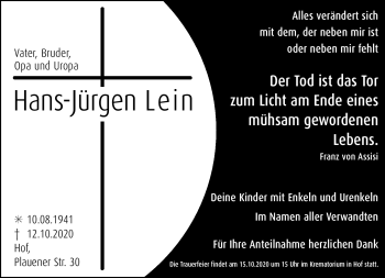 Traueranzeige von Hans-Jürgen Lein von Frankenpost