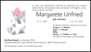 Traueranzeige von Margarete Unfried von Neue Presse Coburg