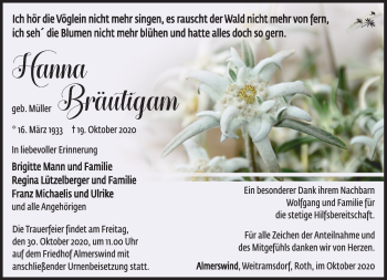 Traueranzeige von Hanna Bräutigam von Südthüringer Presse