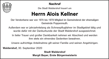 Traueranzeige von Alois Kellner von Frankenpost