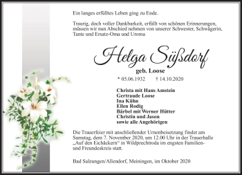 Traueranzeige von Helga Süßdorf von Südthüringer Presse