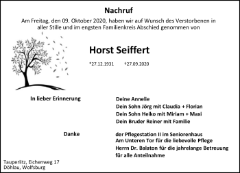 Traueranzeige von Horst Seiffert von Frankenpost