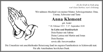 Traueranzeige von Anna Klement von Frankenpost