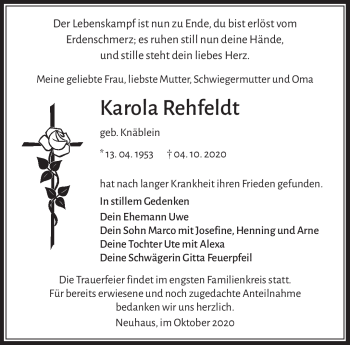 Traueranzeige von Karola Rehfeldt von Südthüringer Presse