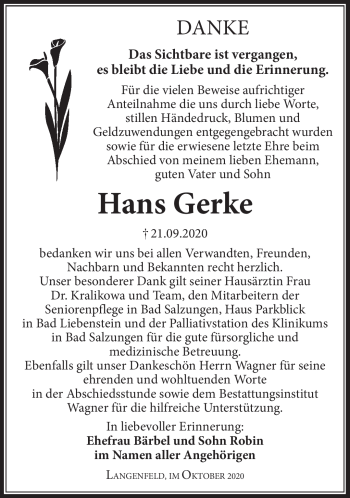 Traueranzeige von Hans Gerke von Südthüringer Presse