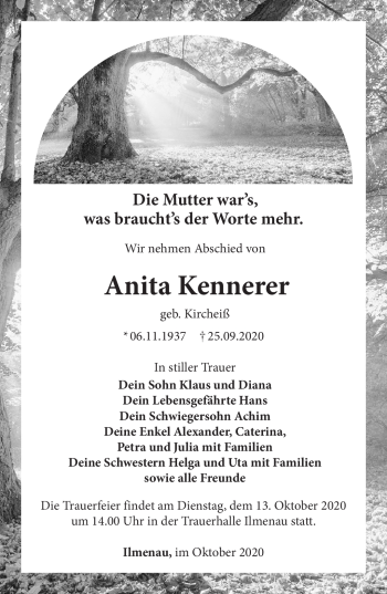 Traueranzeige von Anita Kennerer von Südthüringer Presse