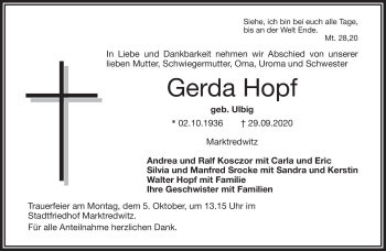 Traueranzeige von Gerda Hopf von Frankenpost