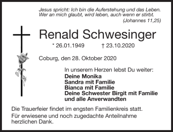 Traueranzeige von Renald Schwesinger von Neue Presse Coburg