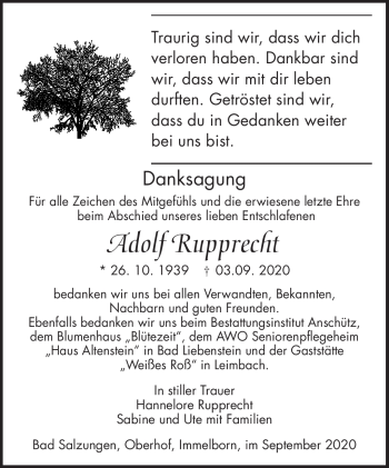 Traueranzeige von Adolf Rupprechte von Südthüringer Presse