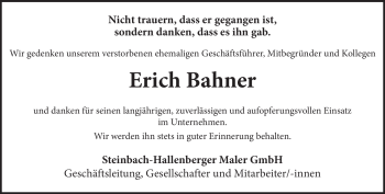 Traueranzeige von Erich Bahner von Südthüringer Presse
