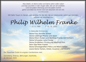 Traueranzeige von Philip Wilherm Franke von Südthüringer Presse