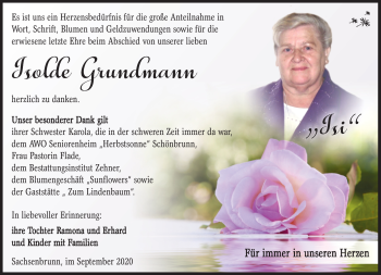 Traueranzeige von Isolde Grundmann von Südthüringer Presse