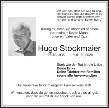 Traueranzeige von Hugo Stockmaier von Frankenpost