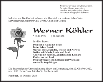 Traueranzeige von Werner Köhler von Südthüringer Presse