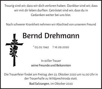 Traueranzeige von Bernd Drehmann von Südthüringer Presse