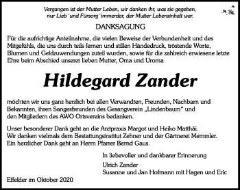 Traueranzeige von Hildegard Zander von Südthüringer Presse