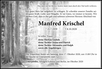Traueranzeige von Manfred Krischel von Südthüringer Presse