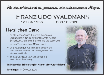 Traueranzeige von Franz-Udo Waldmann von Südthüringer Presse