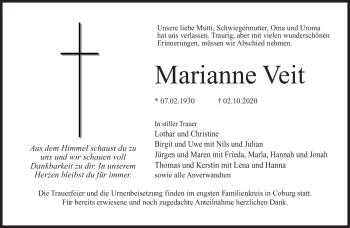 Traueranzeige von Marianne Veit von Neue Presse Coburg
