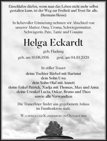 Traueranzeige von Helga Eckardt von Südthüringer Presse