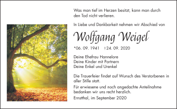 Traueranzeige von Wolfgang Weigel von Südthüringer Presse