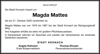 Traueranzeige von magda Mattes von Neue Presse Coburg