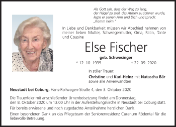 Traueranzeige von Else Fischer von Neue Presse Coburg