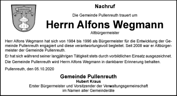 Traueranzeige von Alfons Wegmann von Frankenpost