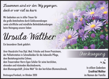 Traueranzeige von Ursula Walter von Südthüringer Presse