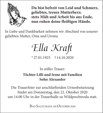 Traueranzeige von Ella Kraft von Südthüringer Presse