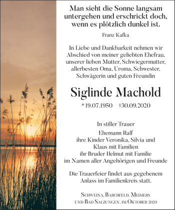 Traueranzeige von Siglinde Machold von Südthüringer Presse