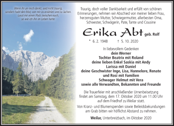 Traueranzeige von Erika Abt von Südthüringer Presse