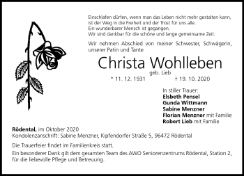 Traueranzeige von Christa Wohlleben von Neue Presse Coburg