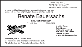 Traueranzeige von Renate Bauersachs von Neue Presse Coburg