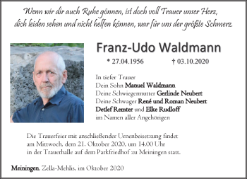 Traueranzeige von Franz-Udo Waldmann von Südthüringer Presse