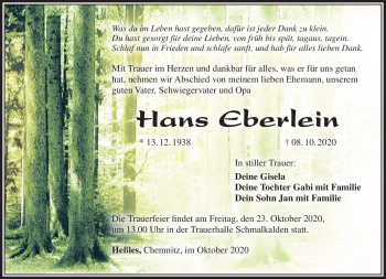 Traueranzeige von Hans Eberlein von Südthüringer Presse