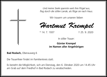 Traueranzeige von Hartmut Krempel von Neue Presse Coburg