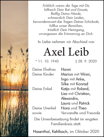 Traueranzeige von Axel Leib von Südthüringer Presse