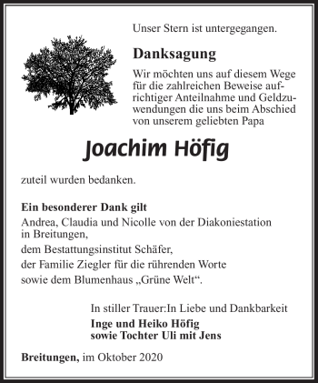 Traueranzeige von Joachim Höfig von Südthüringer Presse