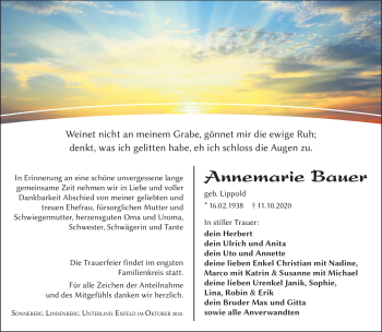 Traueranzeige von Annemarie Bauer von Südthüringer Presse