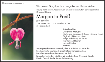 Traueranzeige von Margareta Preiß von Frankenpost