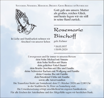 Traueranzeige von Rosemarie Bischoff von Südthüringer Presse