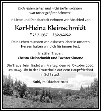 Traueranzeige von Karl-Heinz Kleinschmidt von Südthüringer Presse