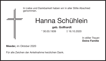 Traueranzeige von Hanna Schühlein von Neue Presse Coburg