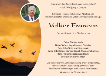 Traueranzeige von Volker Franzen von Südthüringer Presse