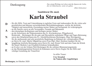 Traueranzeige von Karla Straubel von Südthüringer Presse